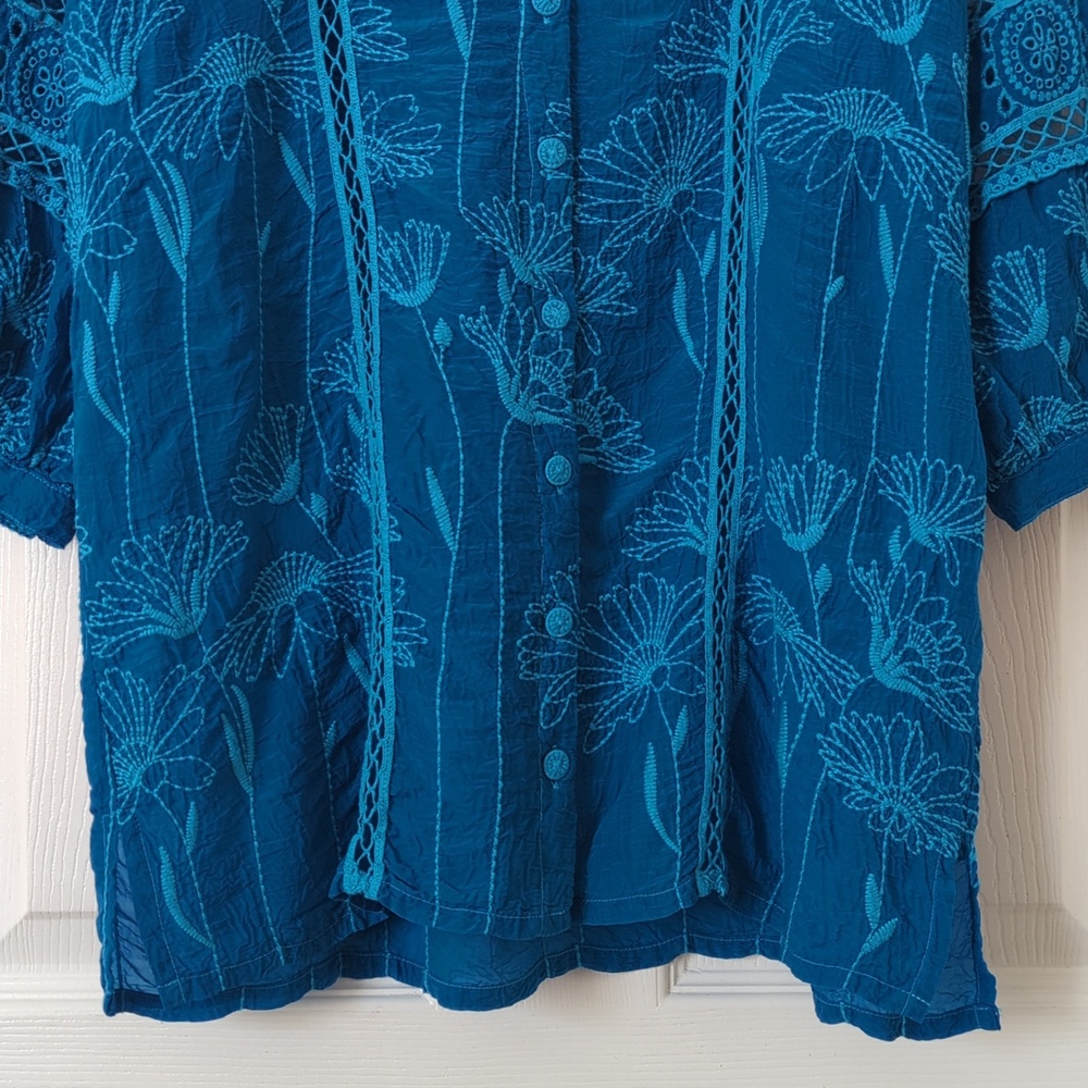 Johnny Was Daisy Peia Boho Floral Embroidered Cupra Rayon Tunic Blouse Blue S - Picture 7 of 12